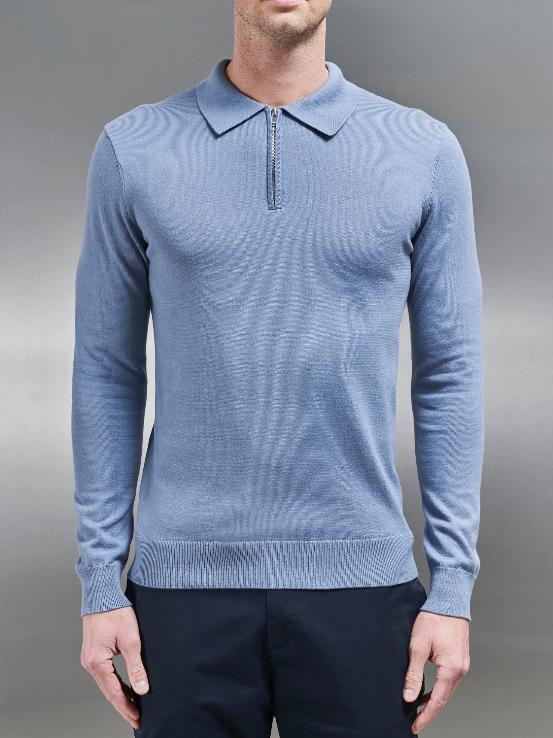 Cotton Knitted Long Sleeve Half Zip Polo Shirt - Silk Blue