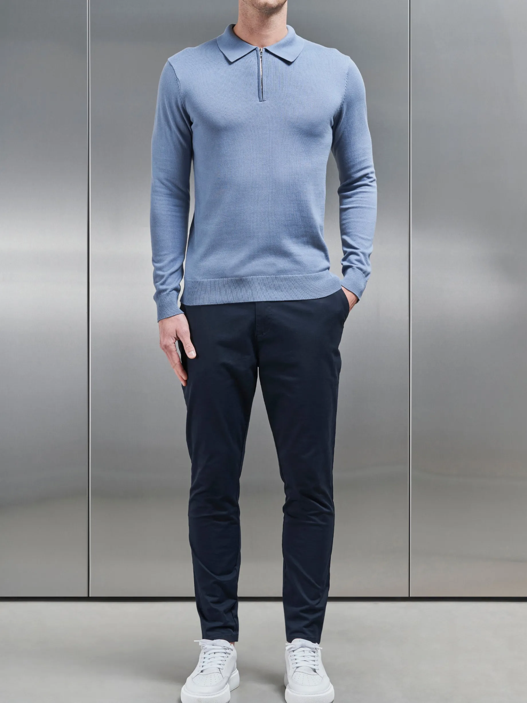 Cotton Knitted Long Sleeve Half Zip Polo Shirt - Silk Blue