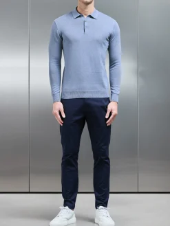 Cotton Knitted Long Sleeve Button Polo - Silk Blue