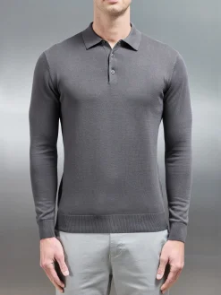 Cotton Knitted Long Sleeve Button Polo Shirt - Grey