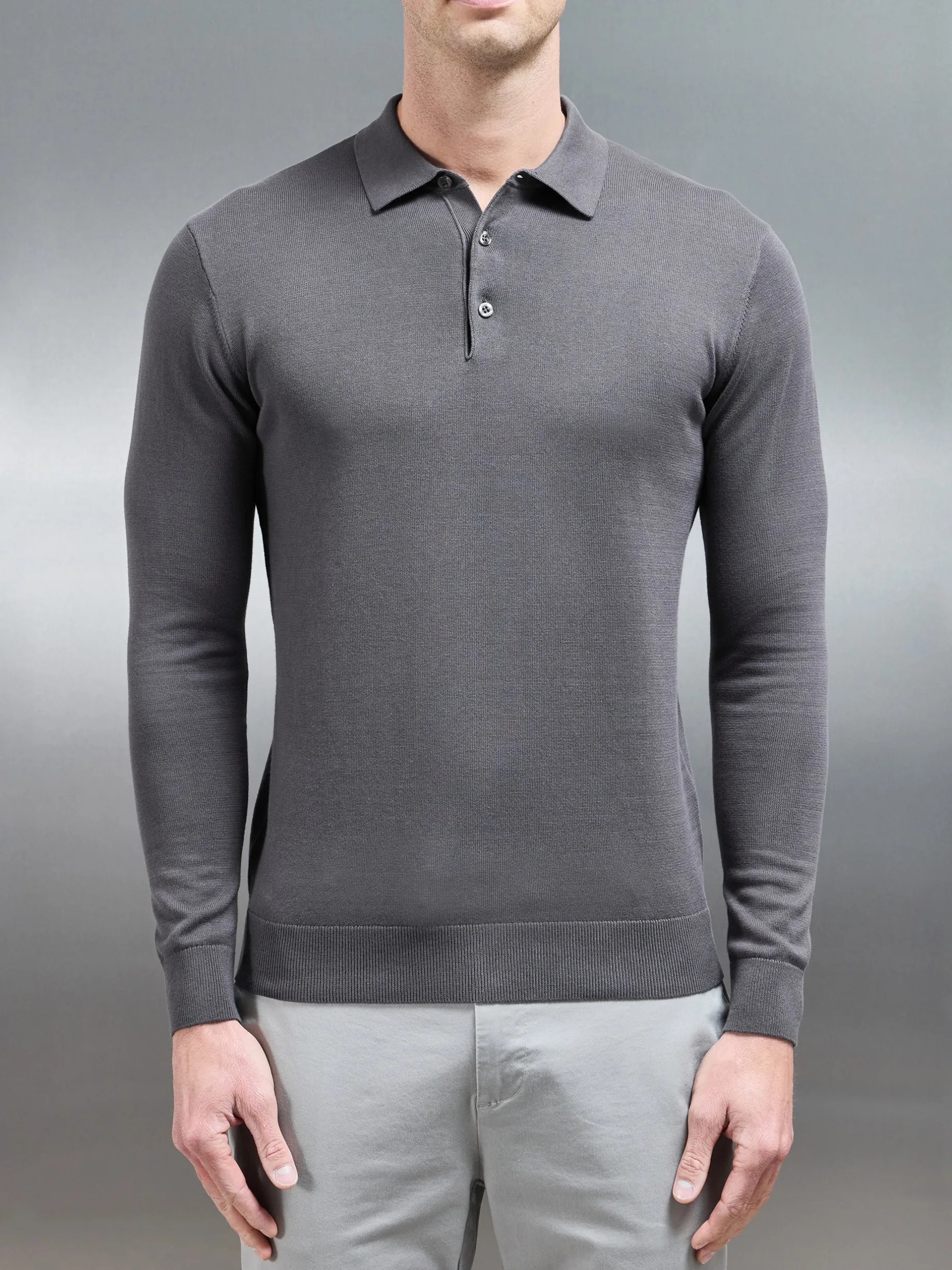Cotton Knitted Long Sleeve Button Polo Shirt - Grey