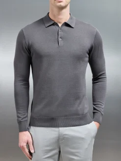 Cotton Knitted Long Sleeve Button Polo Shirt - Grey