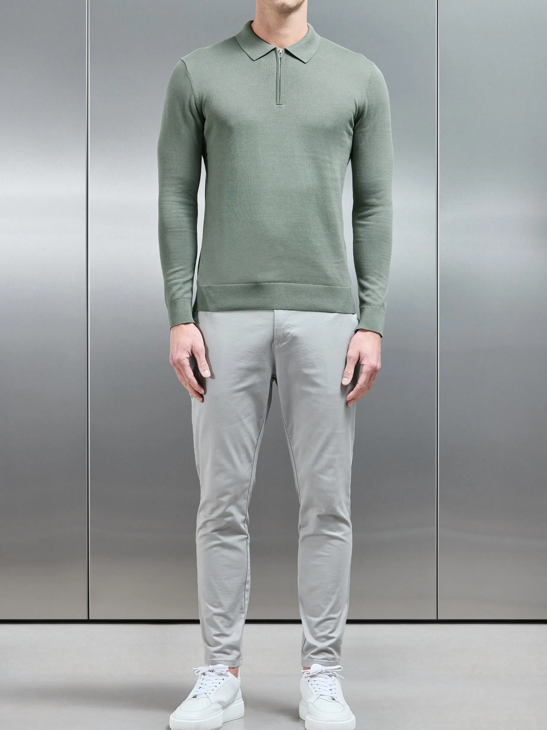 Cotton Knitted Long Sleeve Half Zip Polo Shirt - Sage