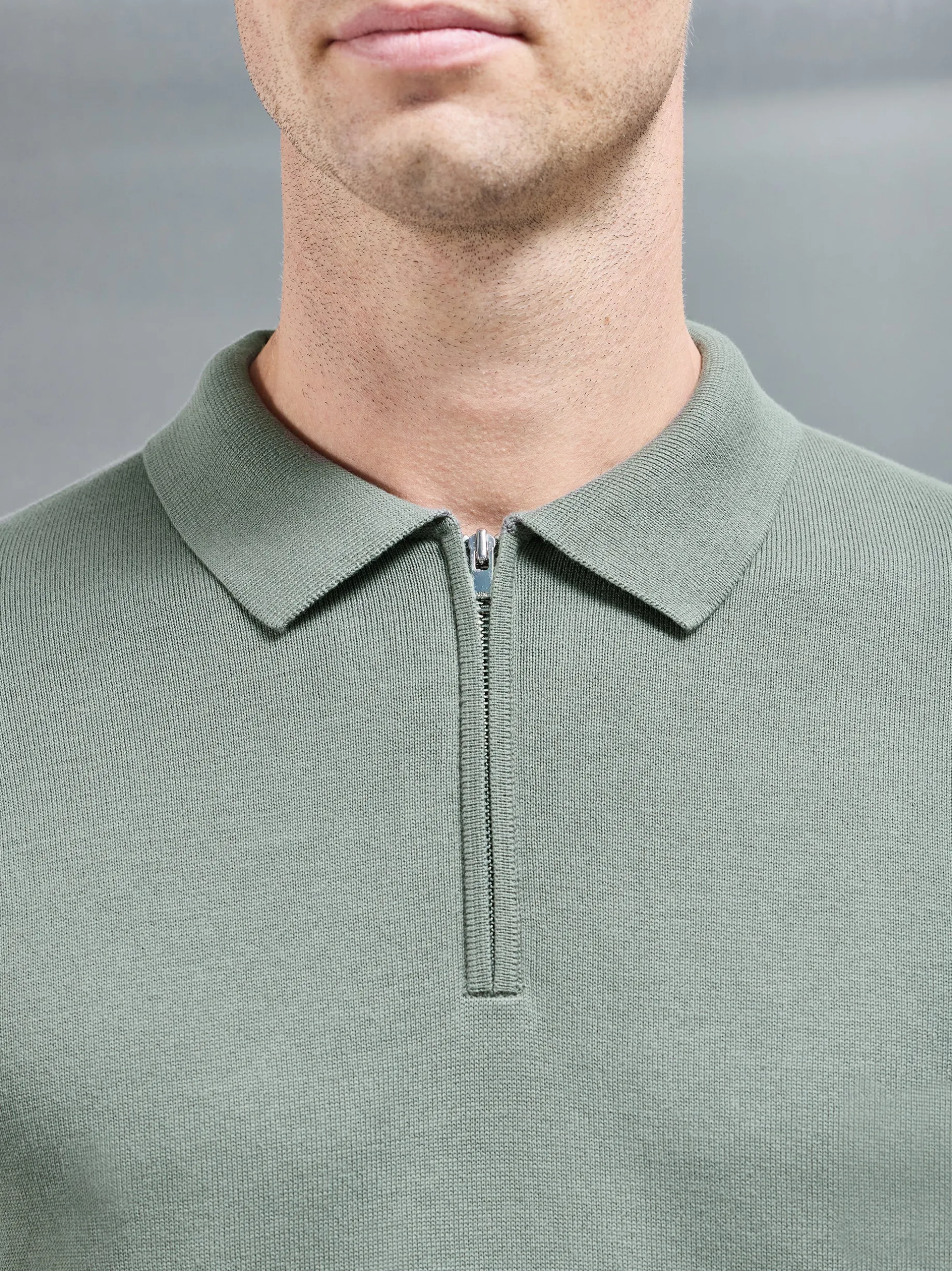 Cotton Knitted Long Sleeve Half Zip Polo Shirt - Sage