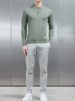 Cotton Knitted Long Sleeve Half Zip Polo Shirt - Sage