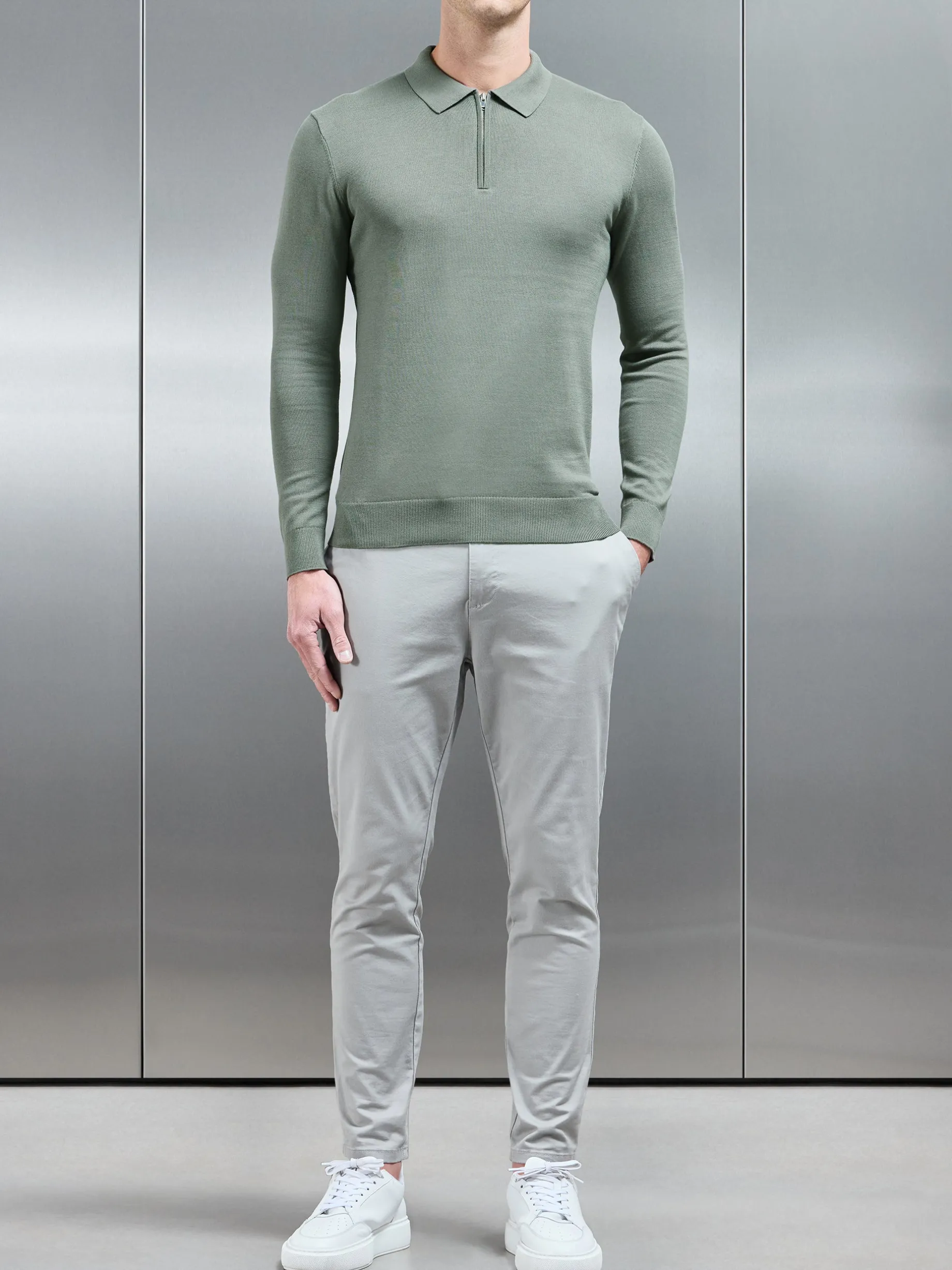 Cotton Knitted Long Sleeve Half Zip Polo Shirt - Sage