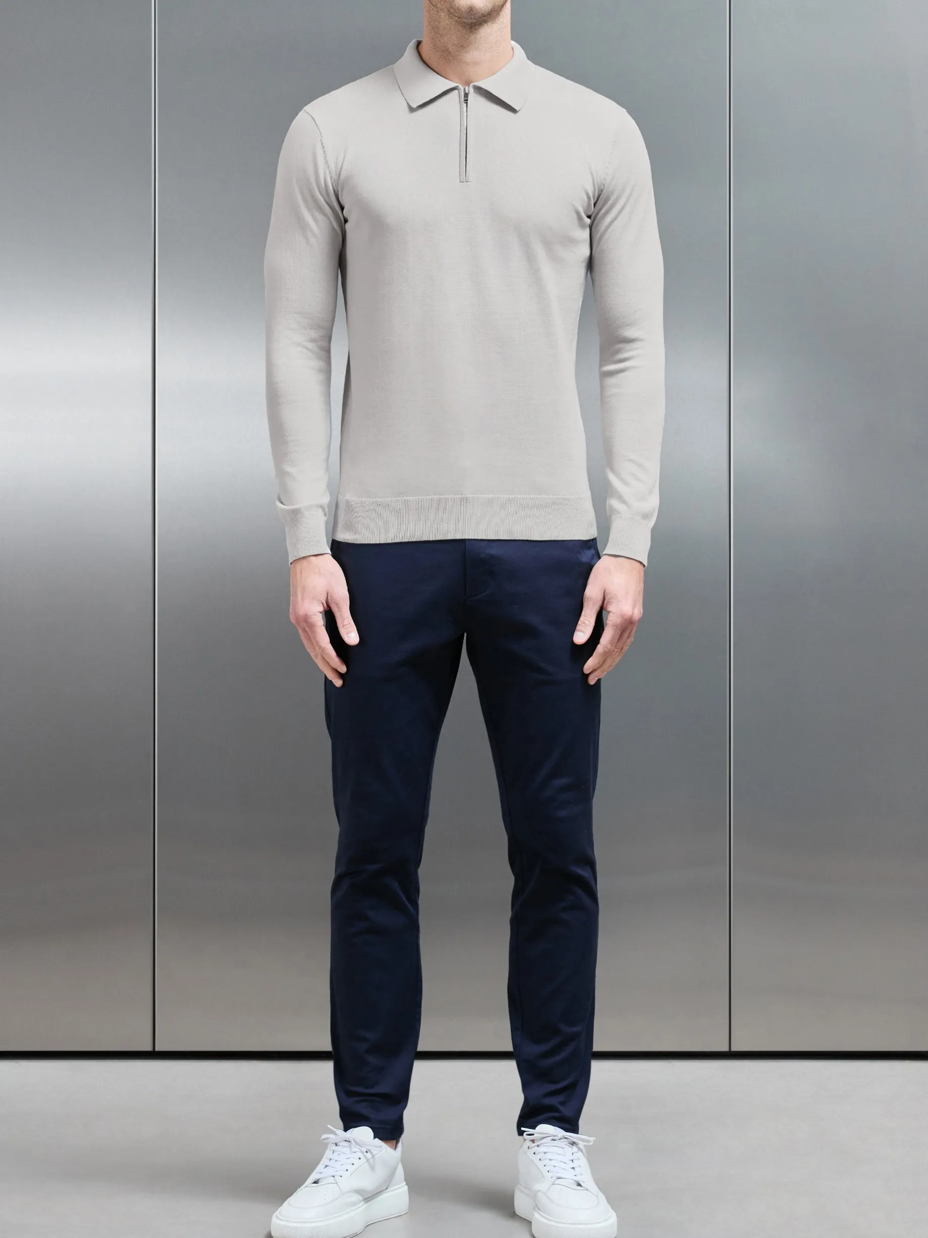 Cotton Knitted Long Sleeve Half Zip Polo Shirt - Oatmeal