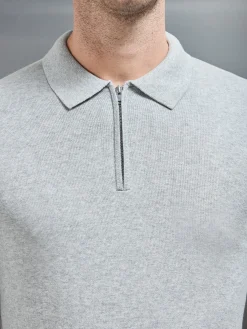 Cotton Knitted Long Sleeve Half Zip Polo Shirt - Marl Grey