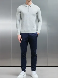 Cotton Knitted Long Sleeve Half Zip Polo Shirt - Marl Grey