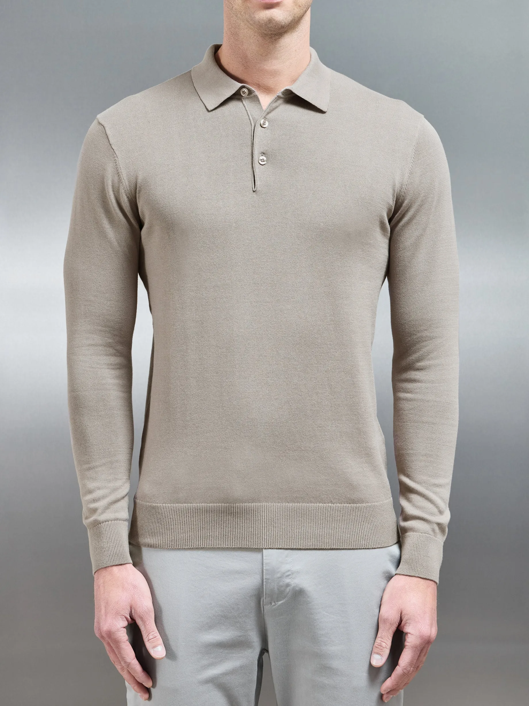 Cotton Knitted Long Sleeve Button Polo Shirt - Taupe