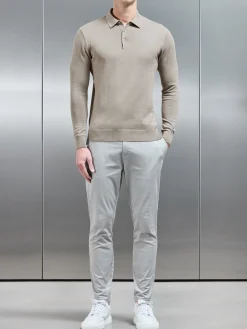 Cotton Knitted Long Sleeve Button Polo Shirt - Taupe