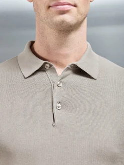 Cotton Knitted Long Sleeve Button Polo Shirt - Taupe