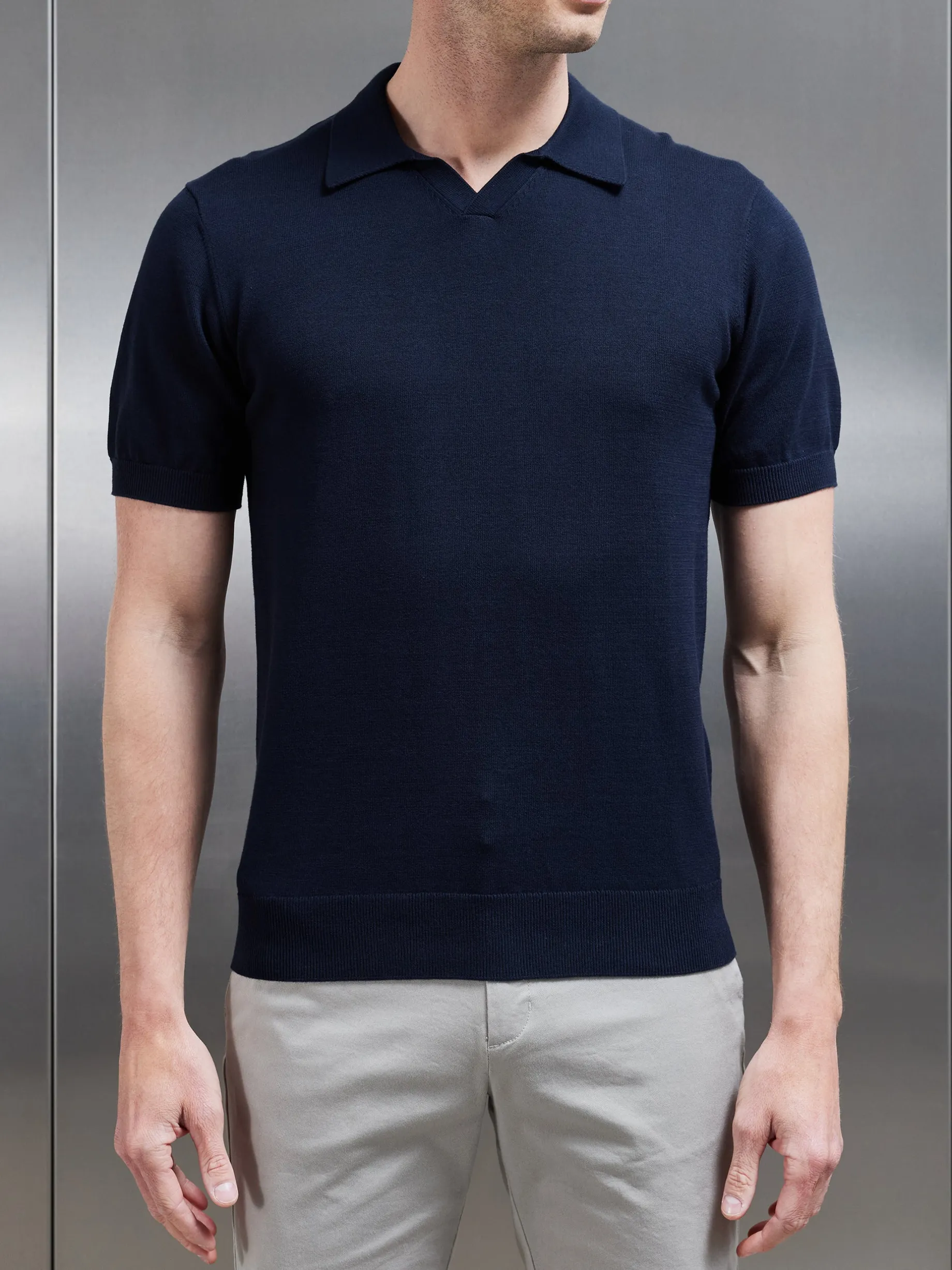 Cotton Knitted Revere Collar Polo Shirt - Navy
