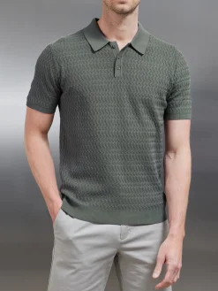 Cotton Knitted Textured Button Polo Shirt - Sage