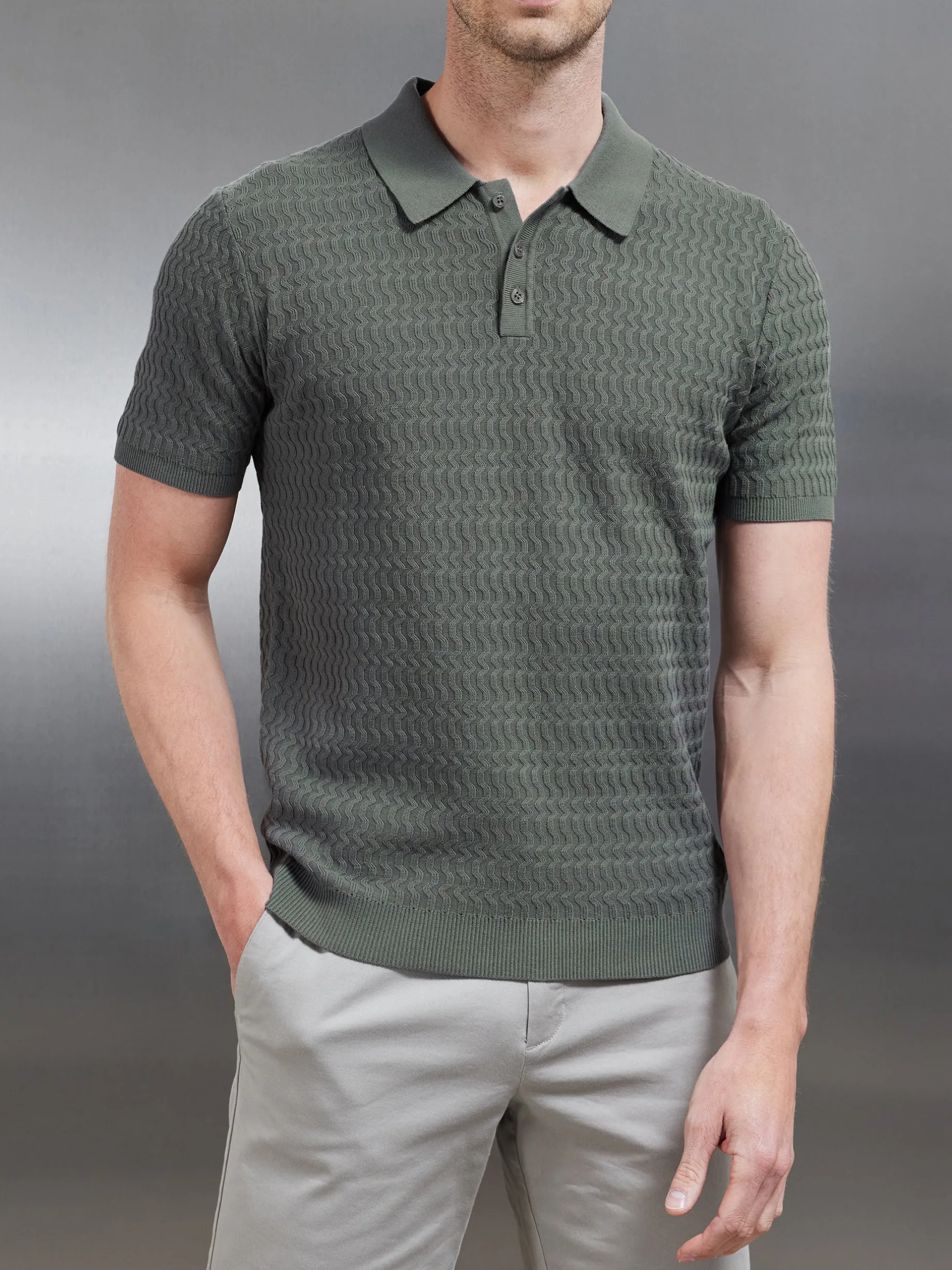 Cotton Knitted Textured Button Polo Shirt - Sage