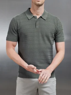 Cotton Knitted Textured Button Polo Shirt - Sage