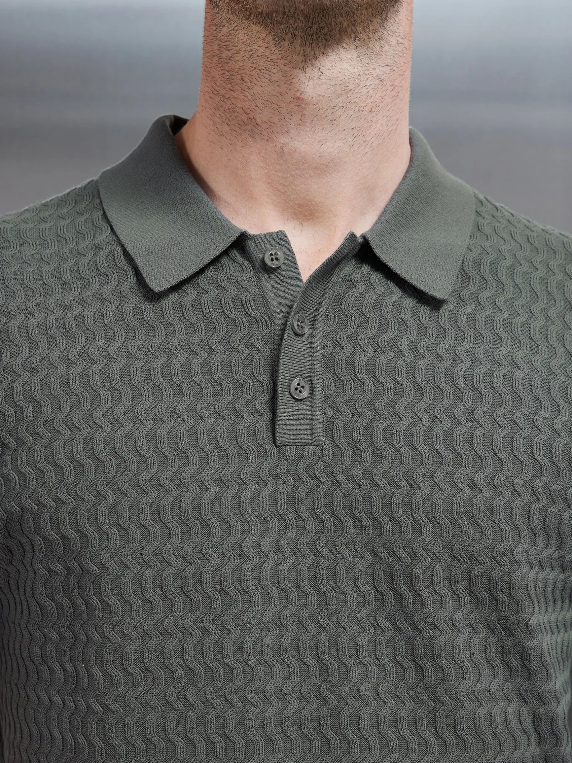 Cotton Knitted Textured Button Polo Shirt - Sage