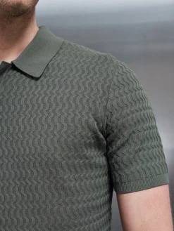 Cotton Knitted Textured Button Polo Shirt - Sage