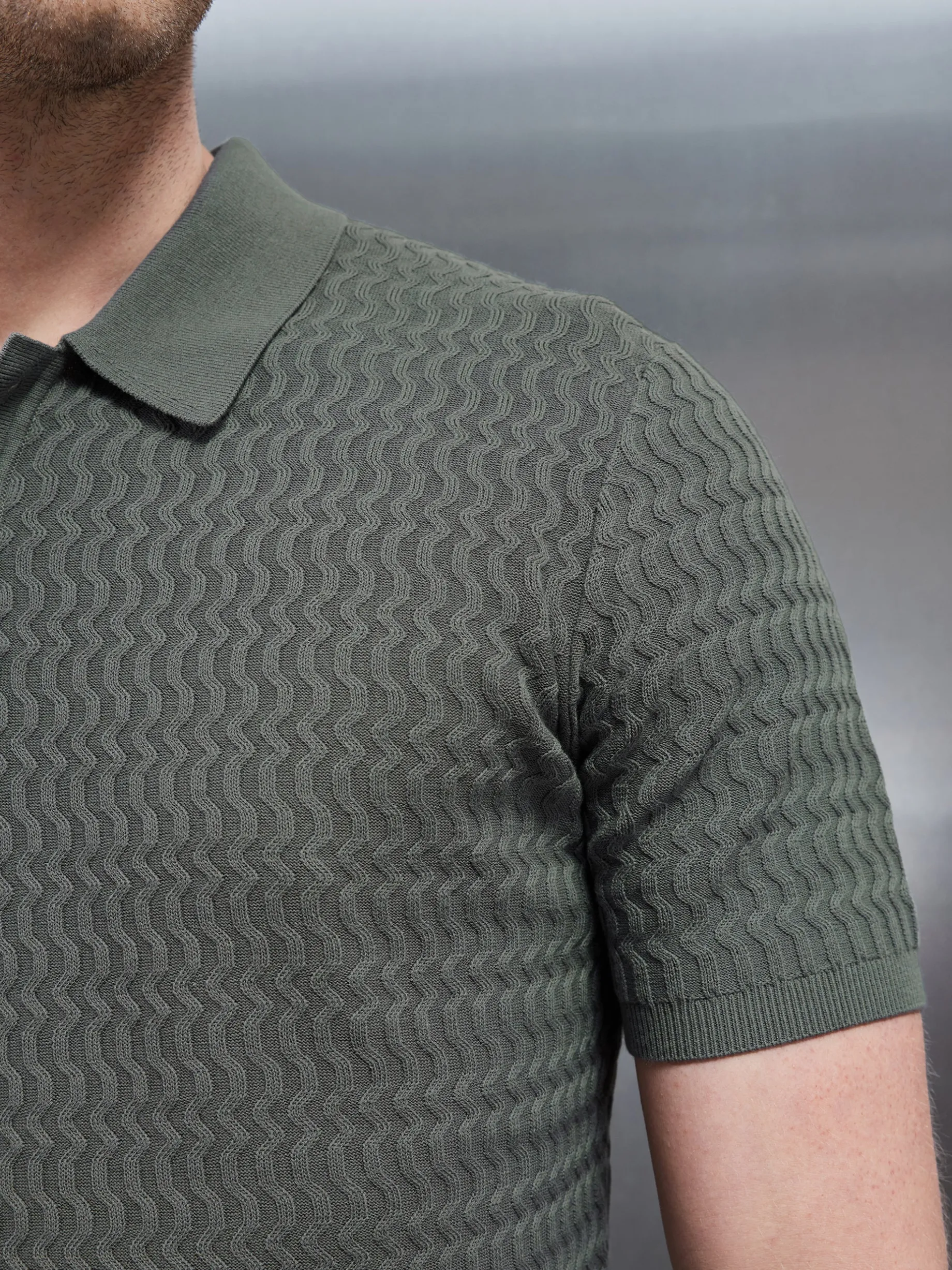 Cotton Knitted Textured Button Polo Shirt - Sage
