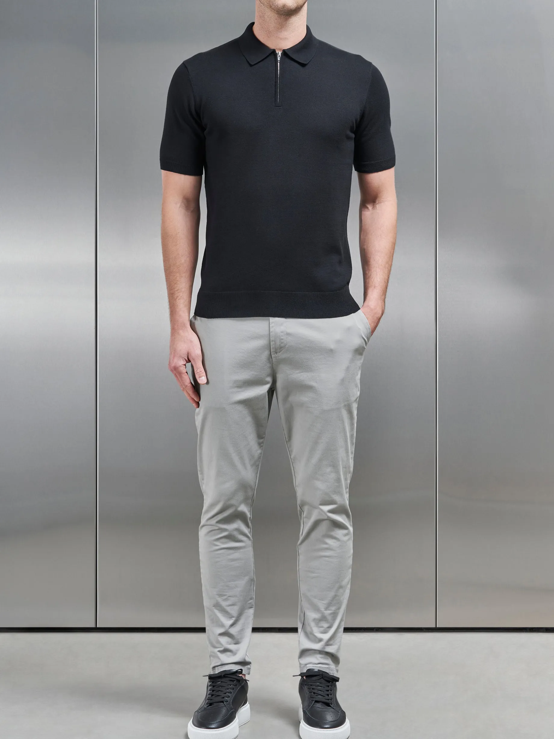 Cotton Knitted Zip Polo Shirt - Black