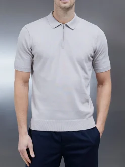 Cotton Knitted Zip Polo Shirt - Stone