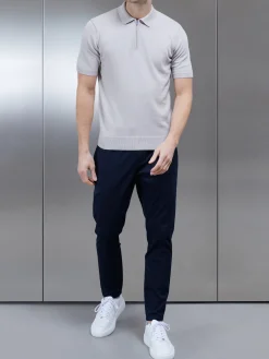 Cotton Knitted Zip Polo Shirt - Stone