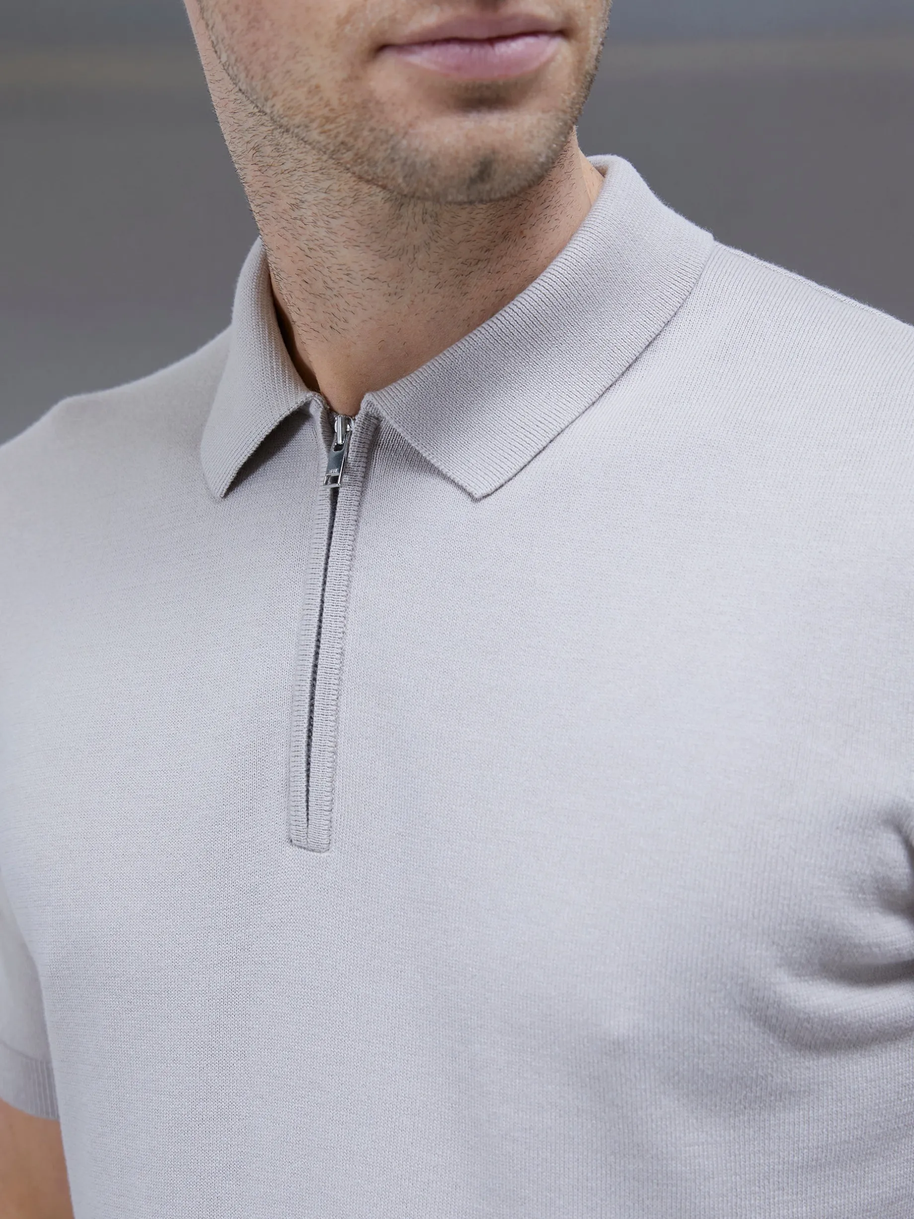 Cotton Knitted Zip Polo Shirt - Stone