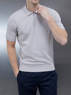 Cotton Knitted Zip Polo Shirt - Stone