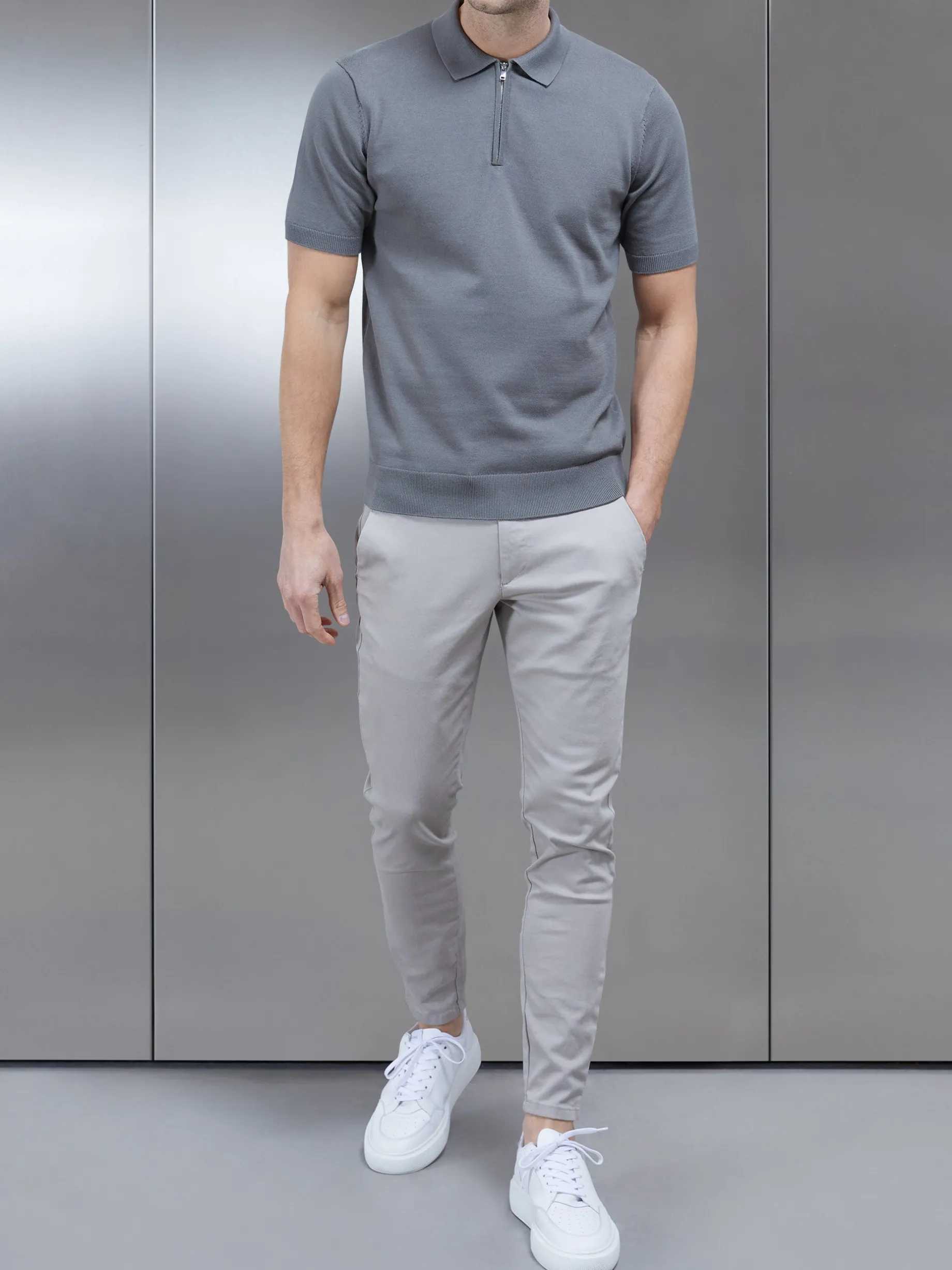 Cotton Knitted Zip Polo Shirt - Sage