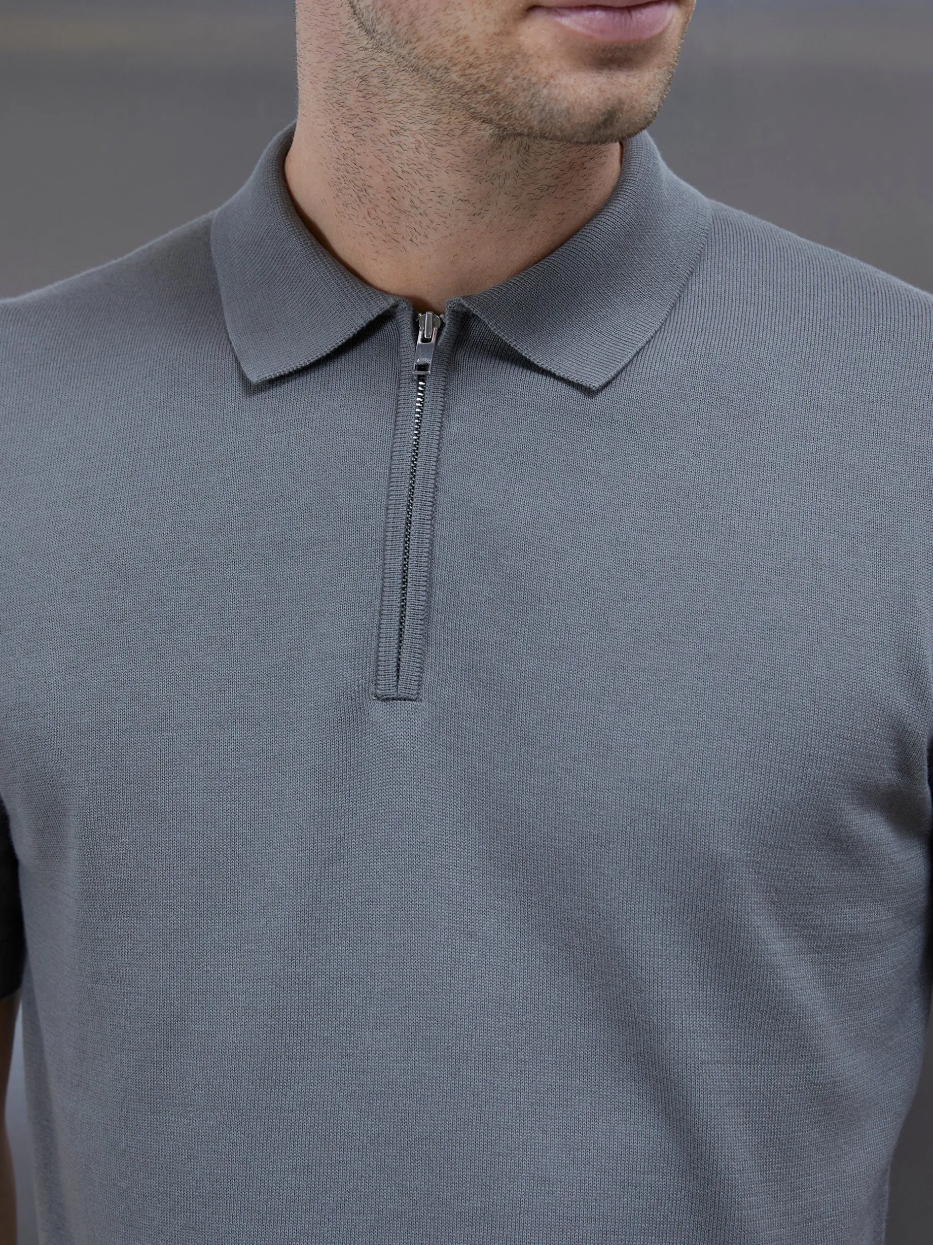 Cotton Knitted Zip Polo Shirt - Sage