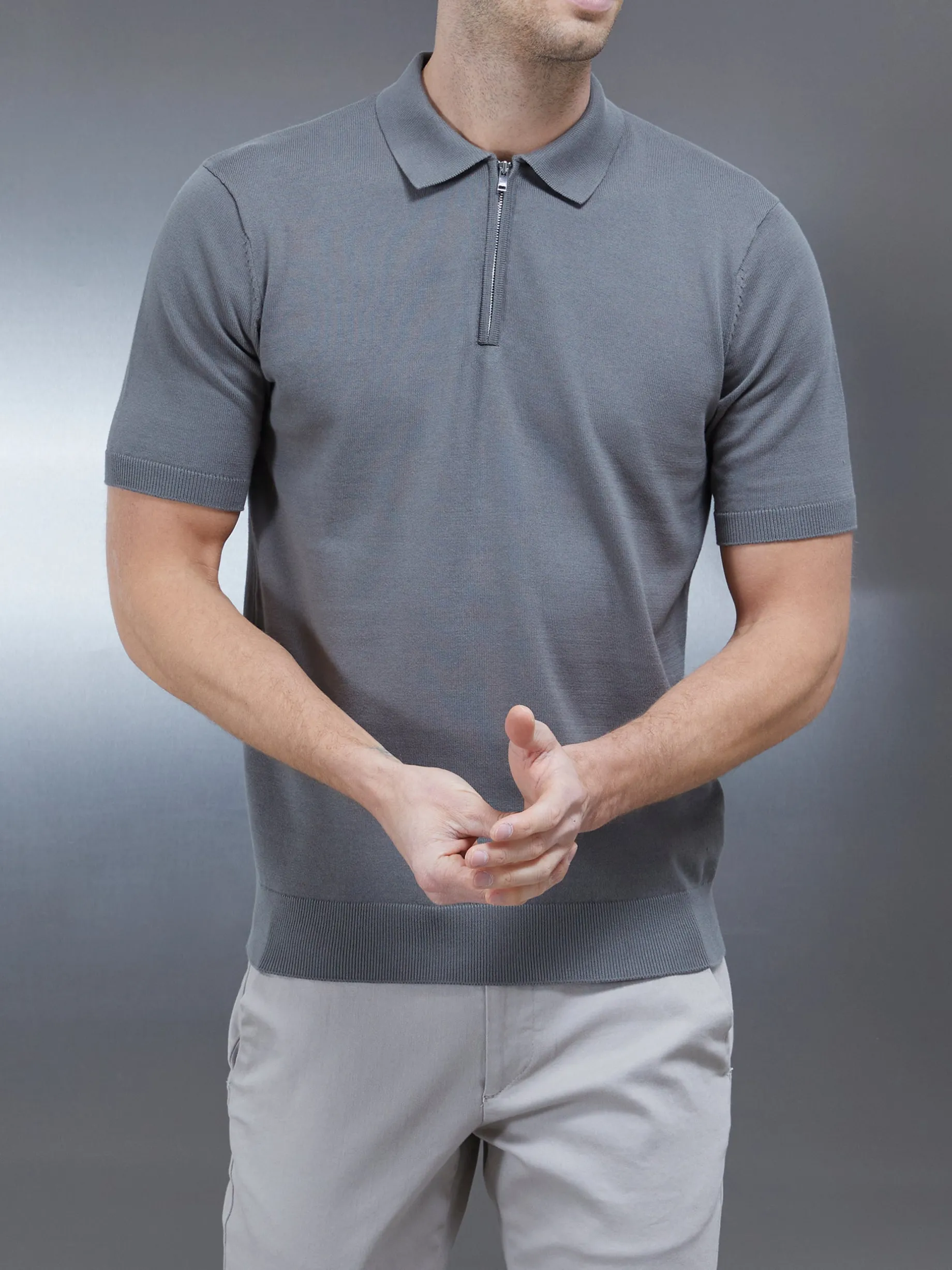 Cotton Knitted Zip Polo Shirt - Sage