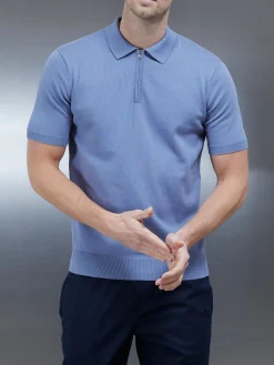 Cotton Knitted Zip Polo Shirt - Silk Blue