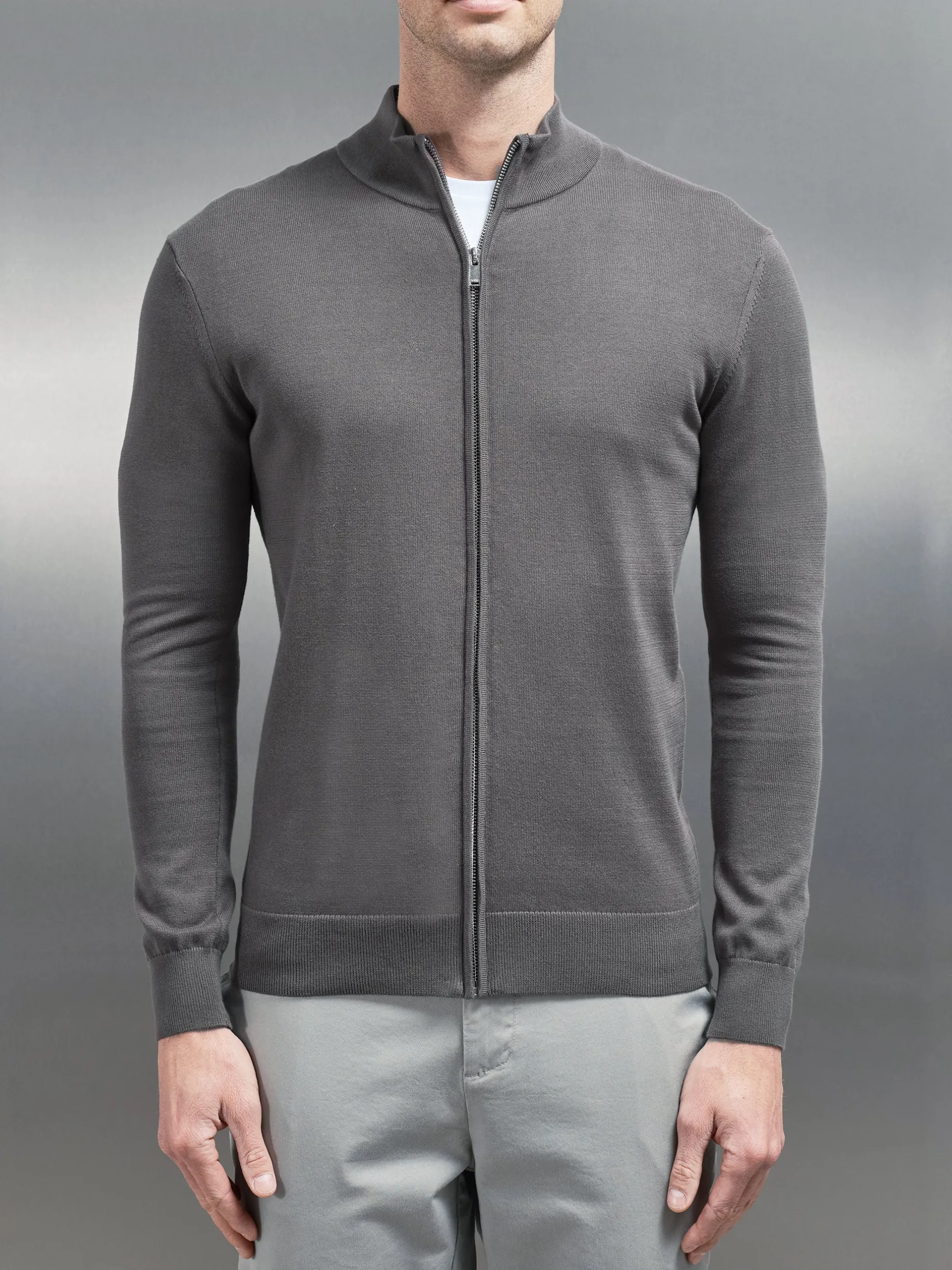 Cotton Knitted Zip Through Jacket - Grey