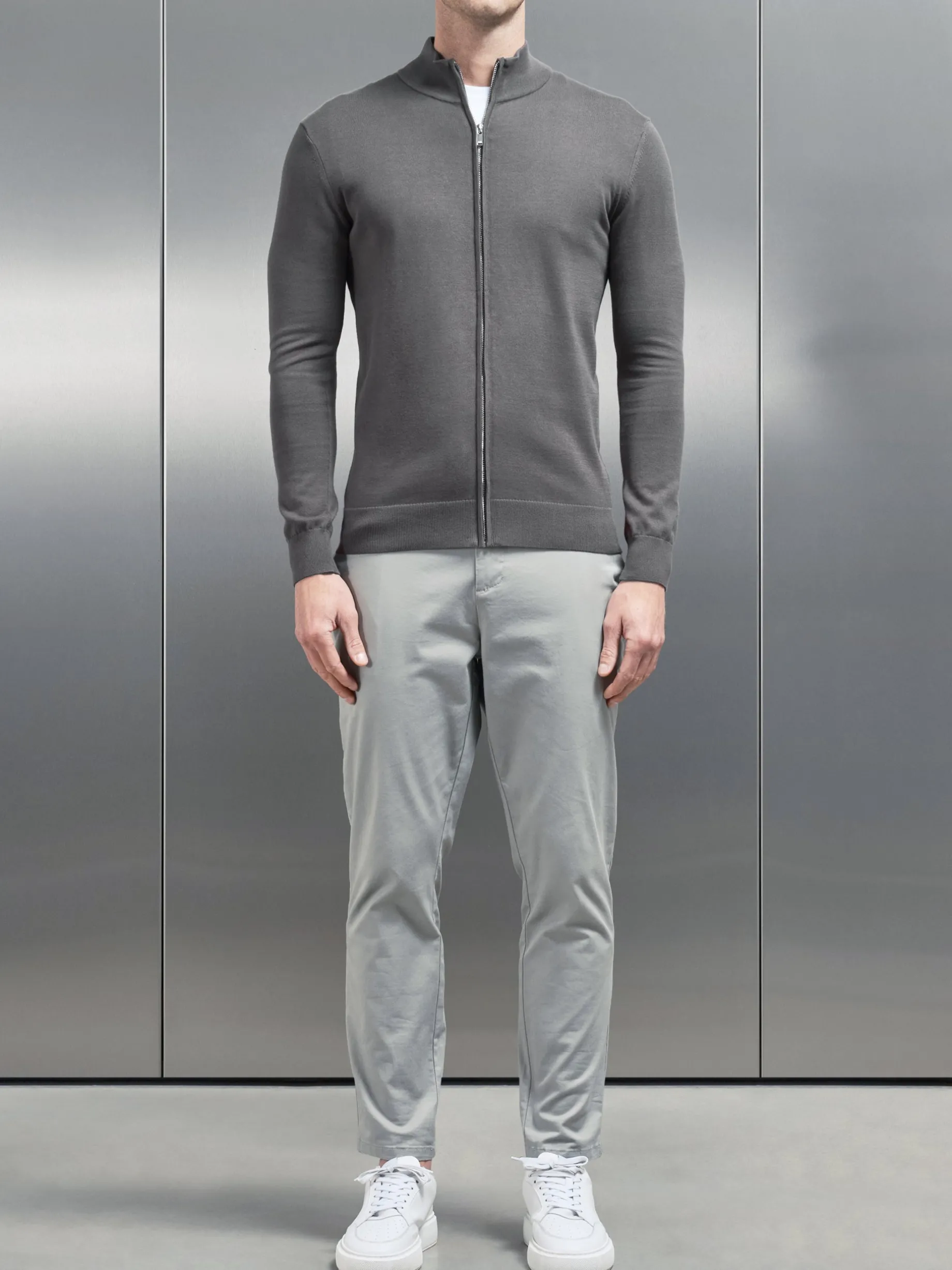 Cotton Knitted Zip Through Jacket - Grey