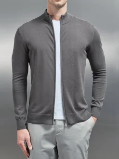 Cotton Knitted Zip Through Jacket - Grey