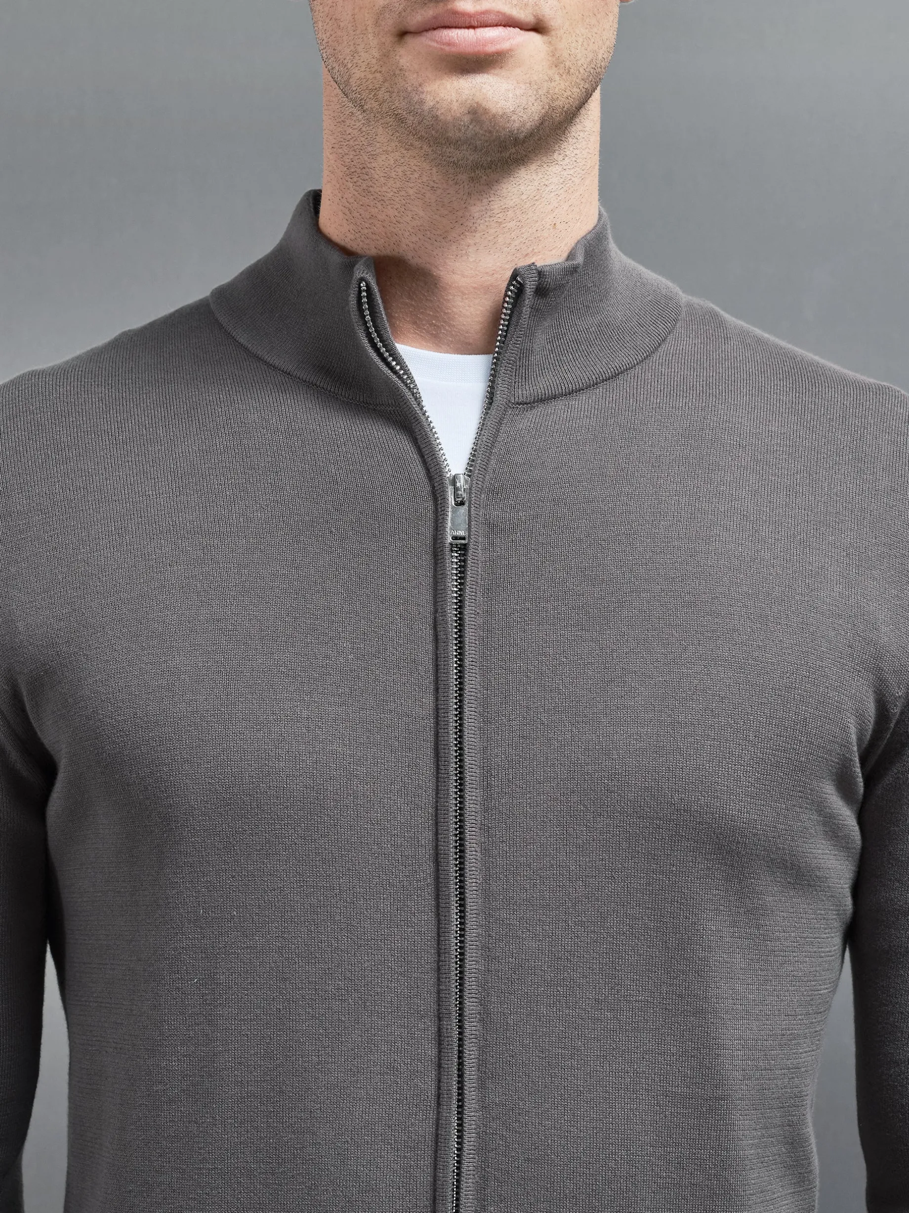 Cotton Knitted Zip Through Jacket - Grey