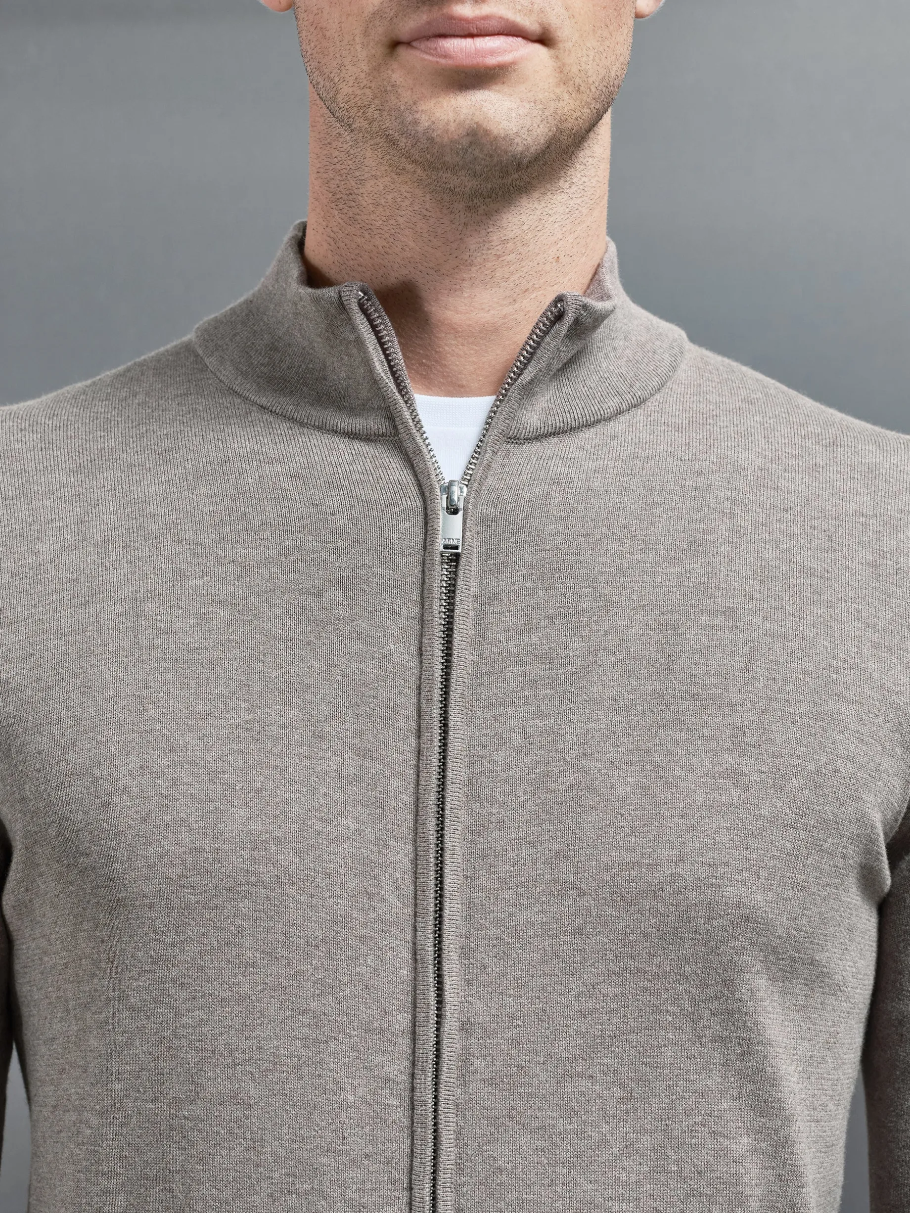 Cotton Knitted Zip Through Jacket - Taupe Marl