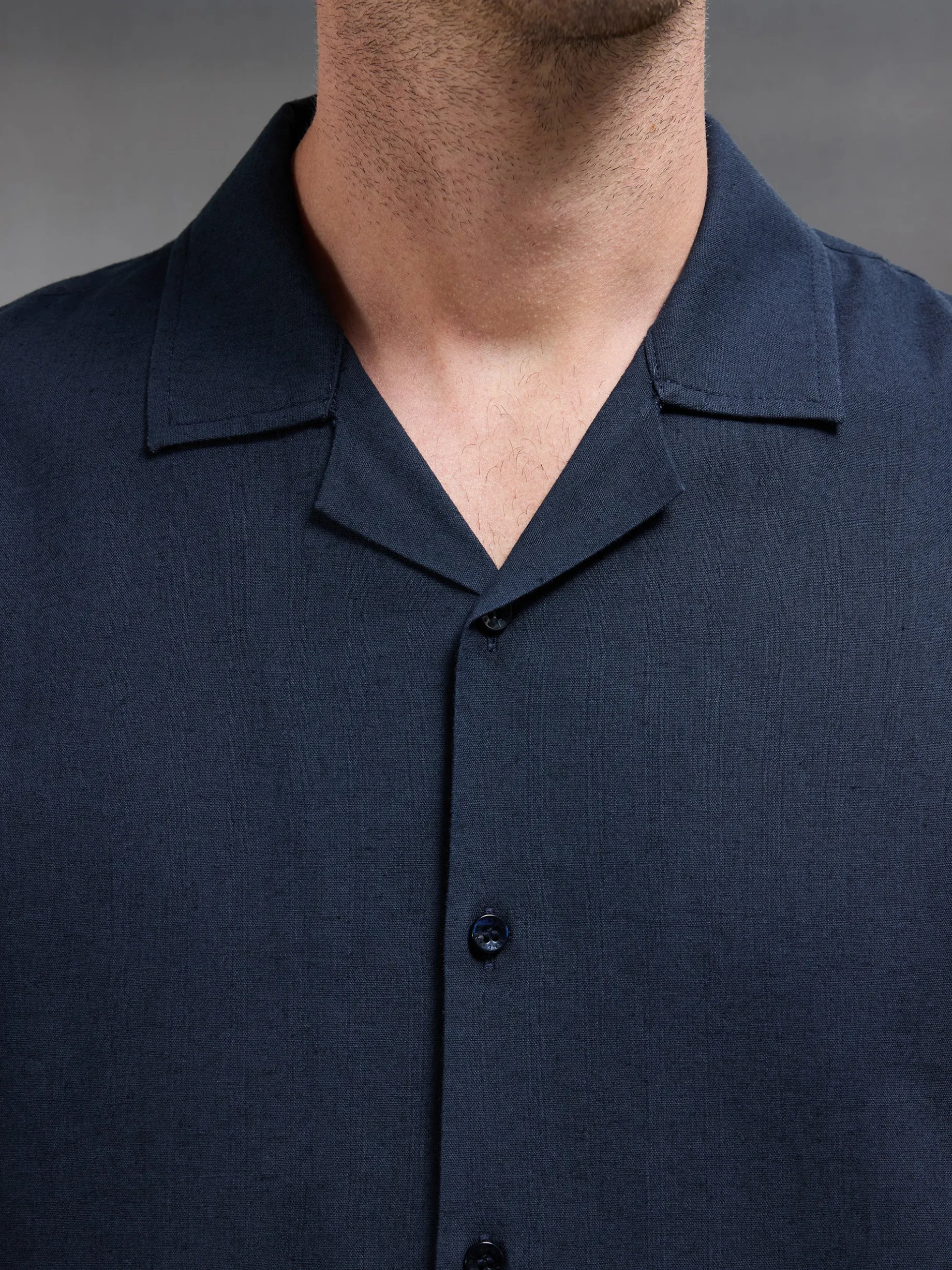 Cotton Linen Revere Collar Long Sleeve Shirt - Navy