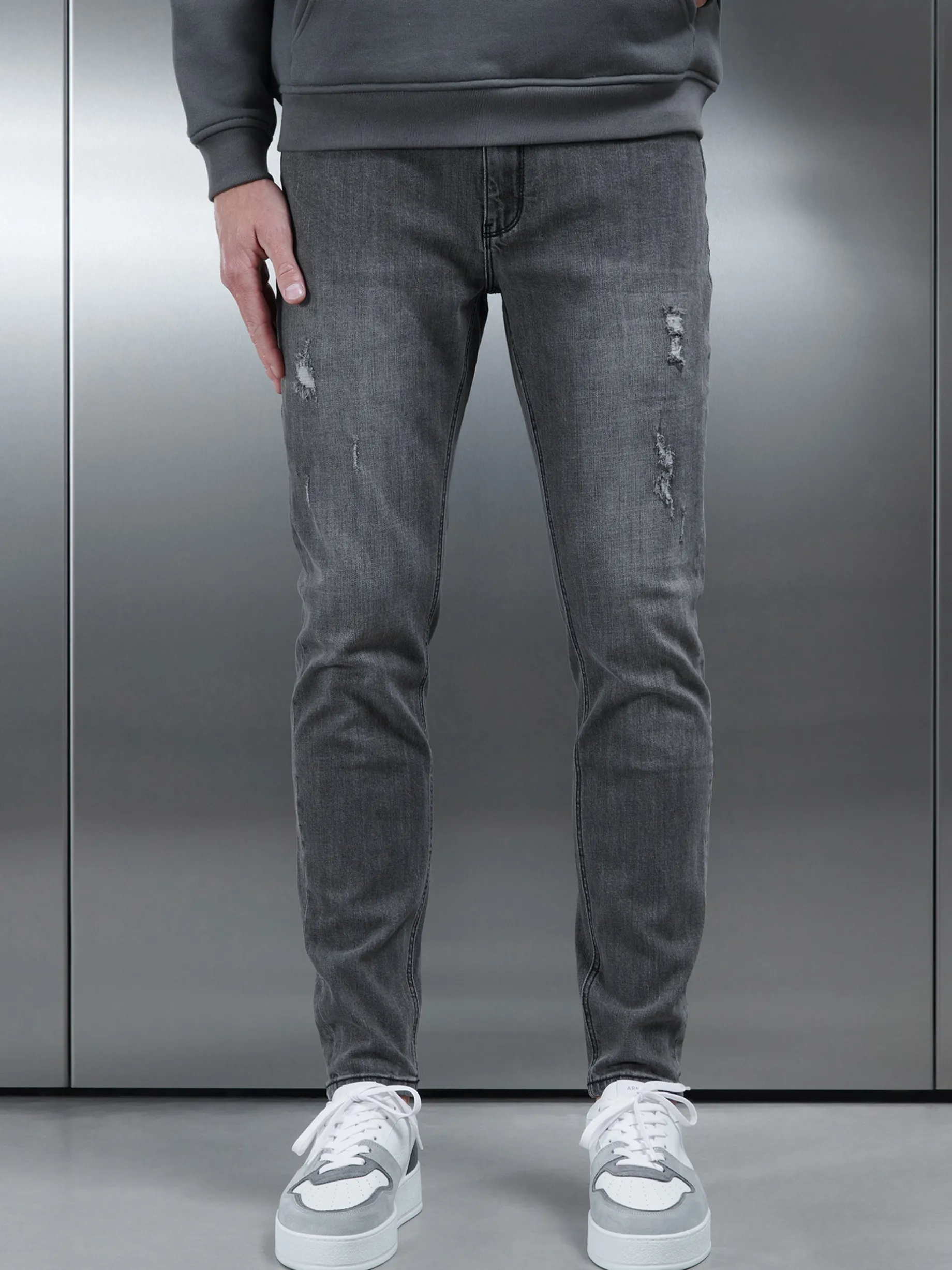 Distressed Denim Jeans - Grey Wash
