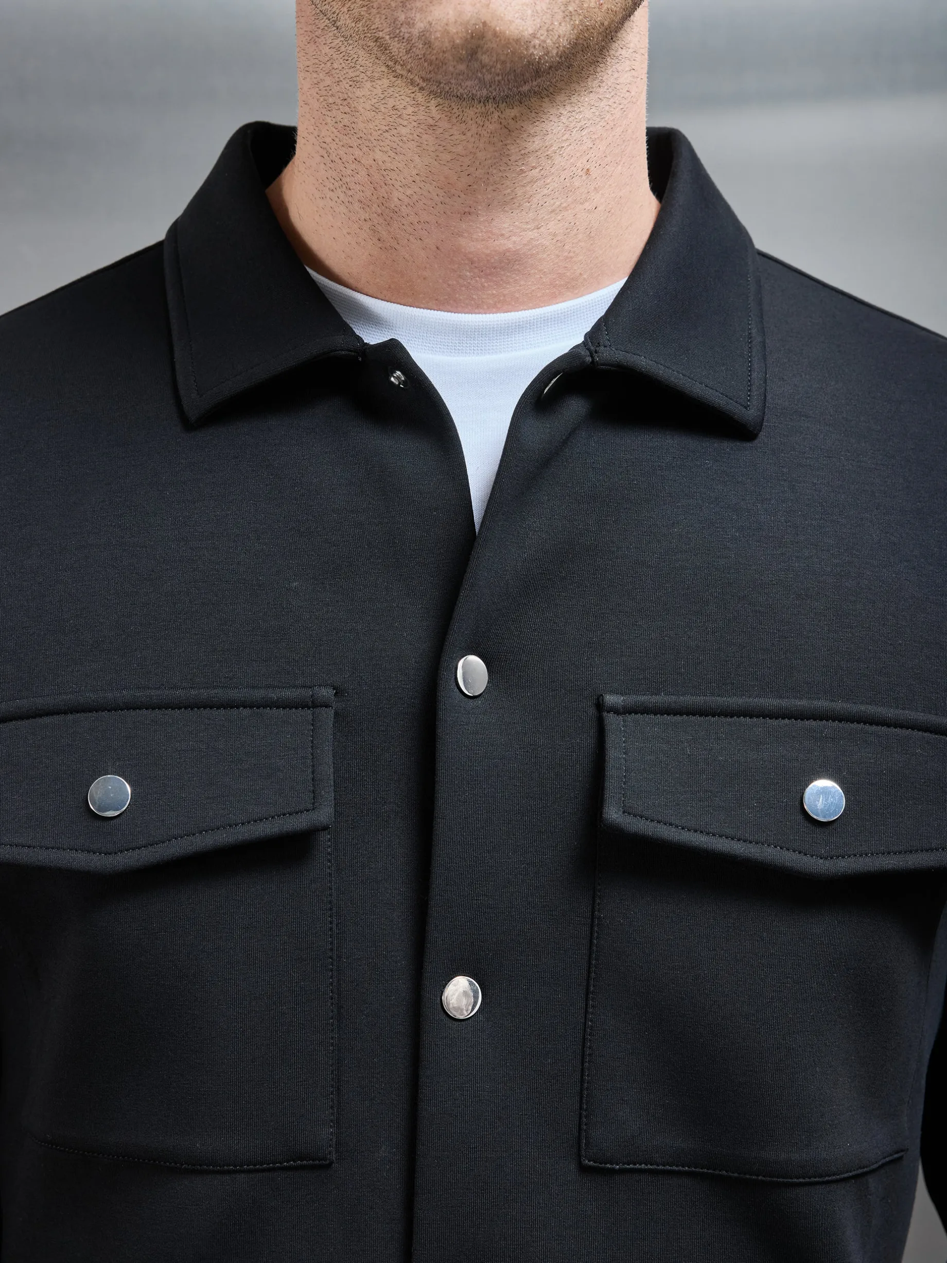 Interlock Jersey Pocket Popper Overshirt - Black