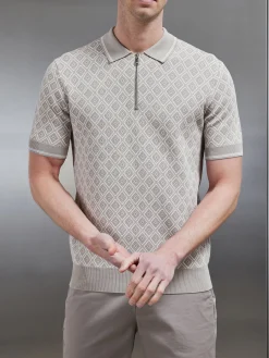 Jacquard Knitted Zip Polo Shirt - Stone