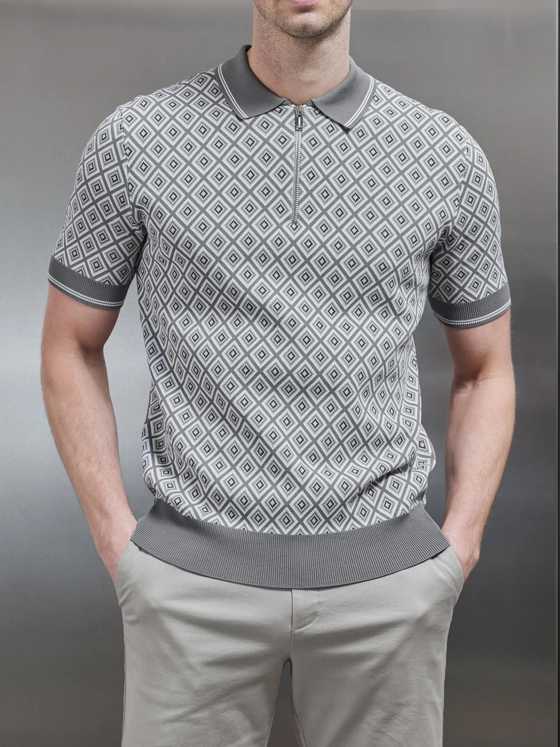 Jacquard Knitted Zip Polo Shirt - Grey