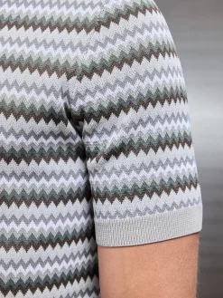 Jacquard Zig Zag Knitted Zip Polo Shirt - Taupe
