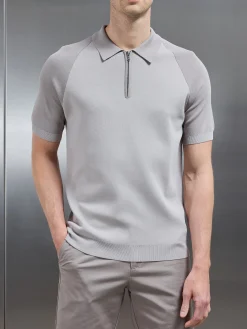 Knitted Raglan Colour Block Zip Polo - Stone