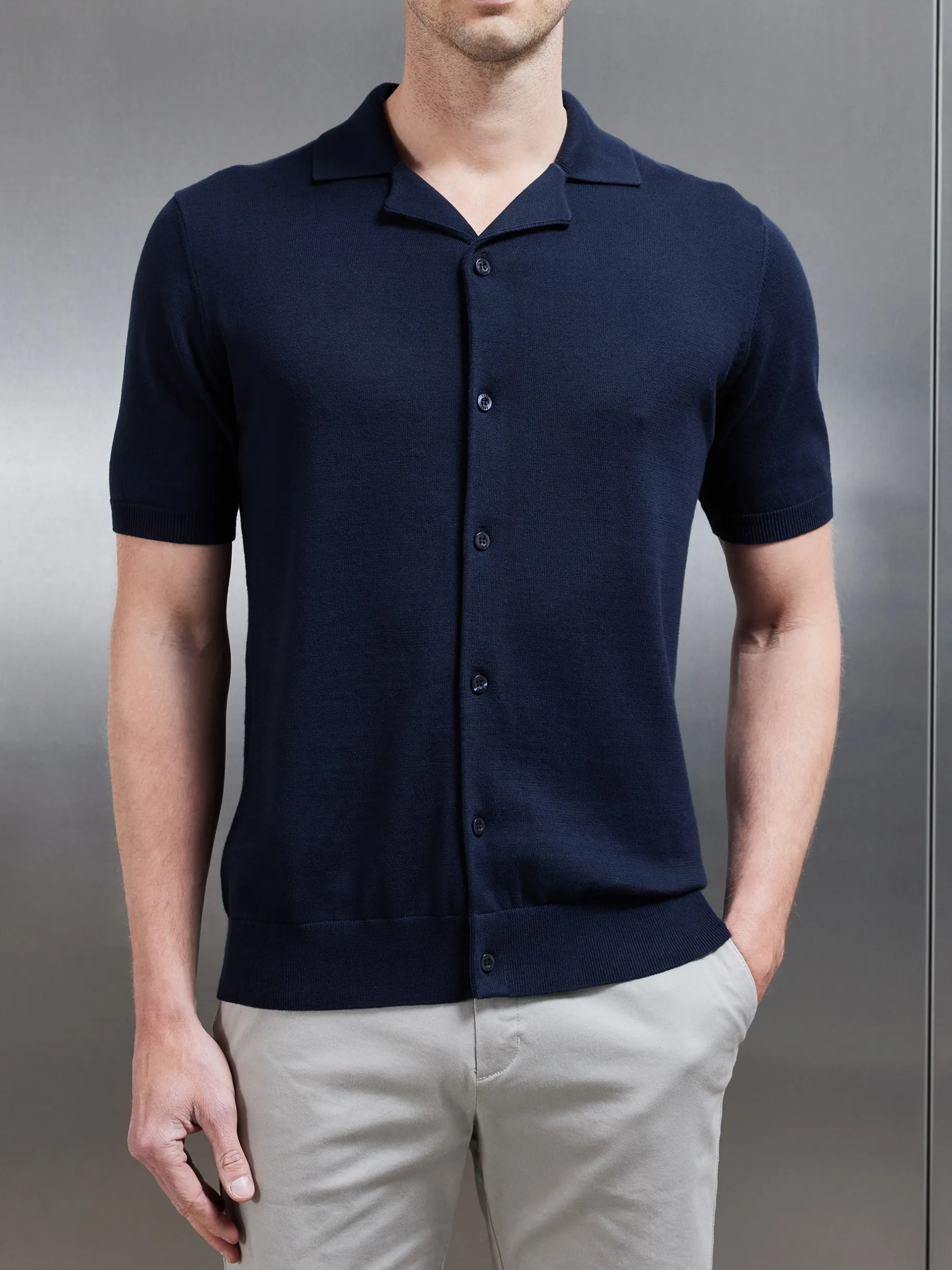 Knitted Revere Collar Shirt - Navy