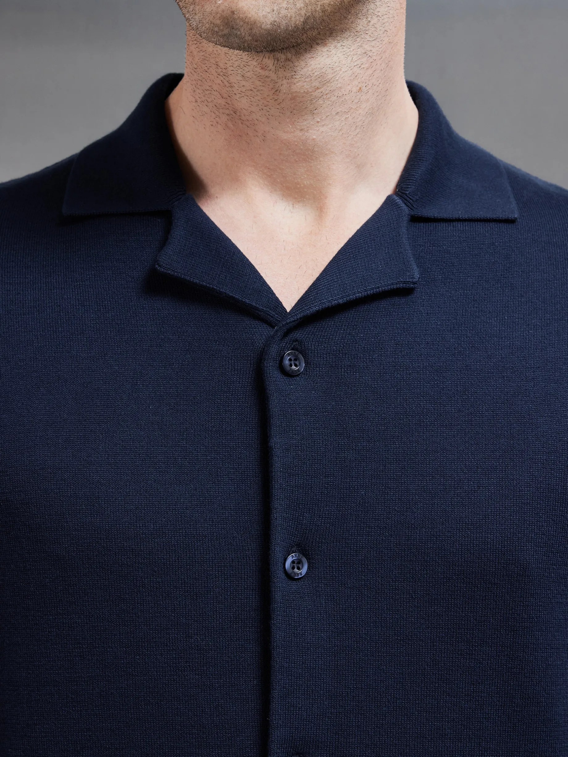 Knitted Revere Collar Shirt - Navy