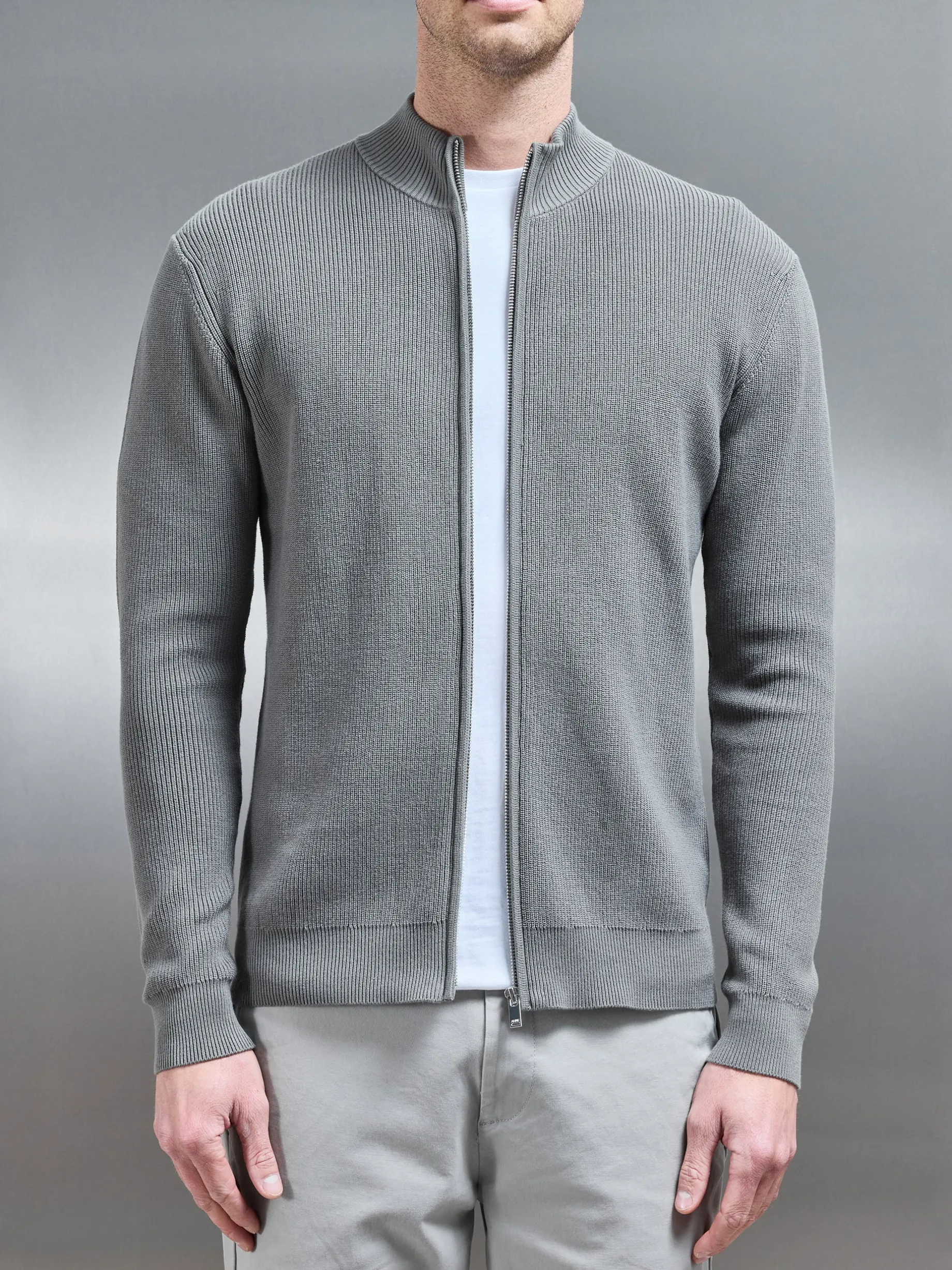 Knitted Ribbed Funnel Neck Zip Through Jacket - Sage
