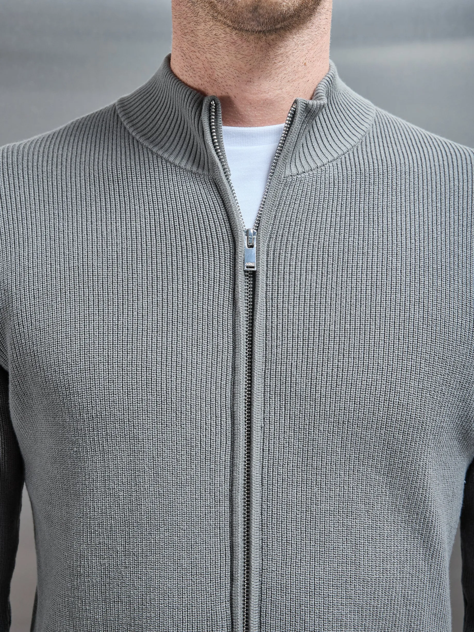 Knitted Ribbed Funnel Neck Zip Through Jacket - Sage