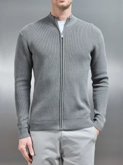 Knitted Ribbed Funnel Neck Zip Through Jacket - Sage