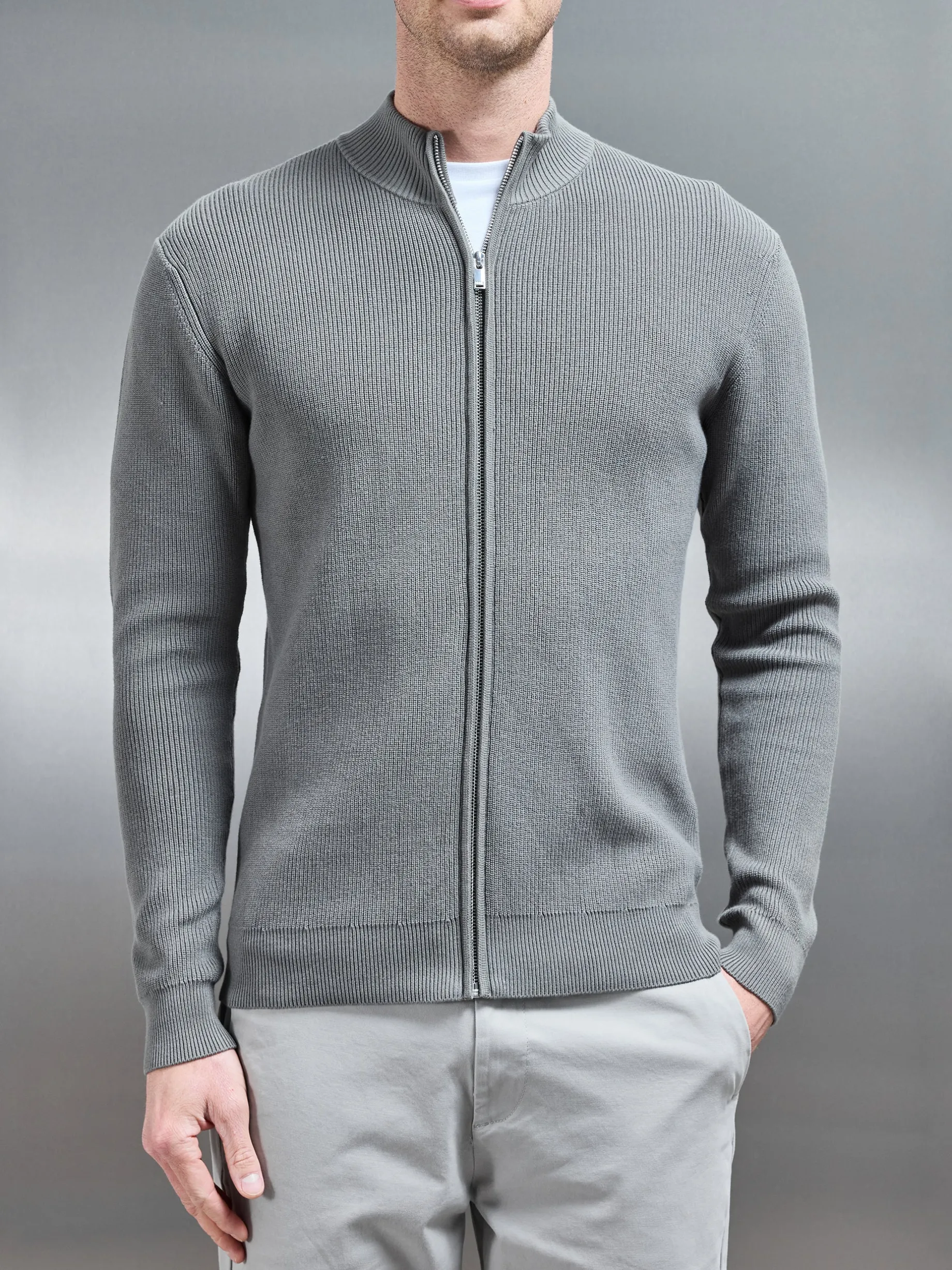 Knitted Ribbed Funnel Neck Zip Through Jacket - Sage